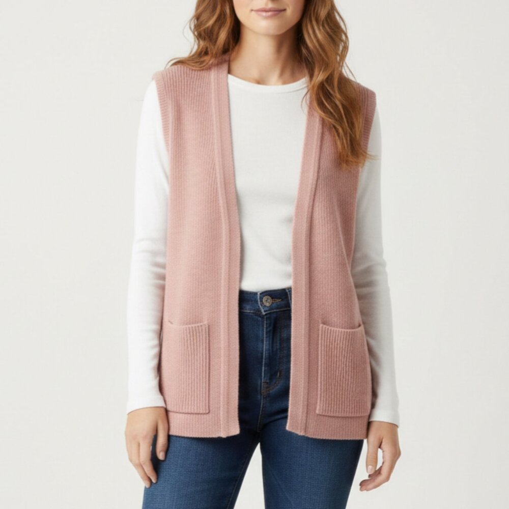 🇨🇦 Sz M Vintage 1970s Helen Harper Ribbed Pink Open-Front Cardigan Vest